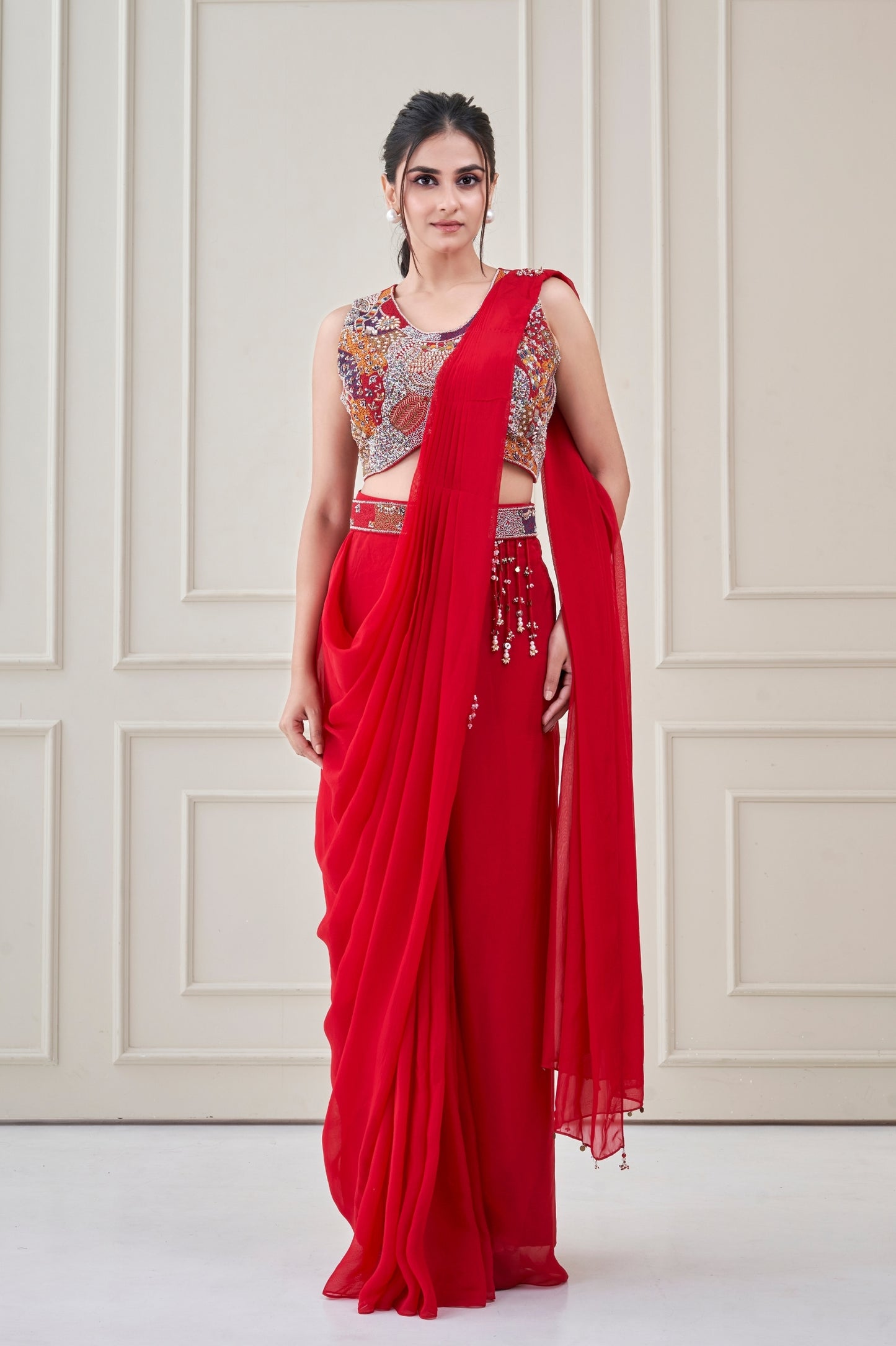 Red Heer Pre draped Saree Set