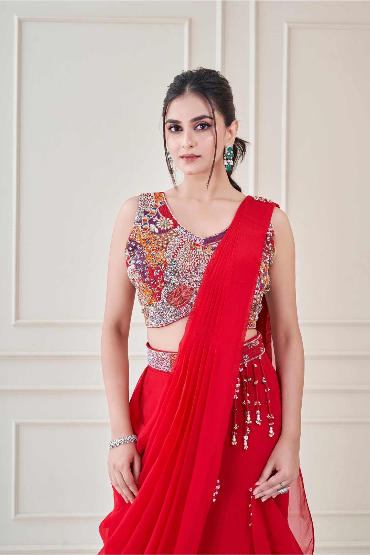Red Heer Pre draped Saree Set