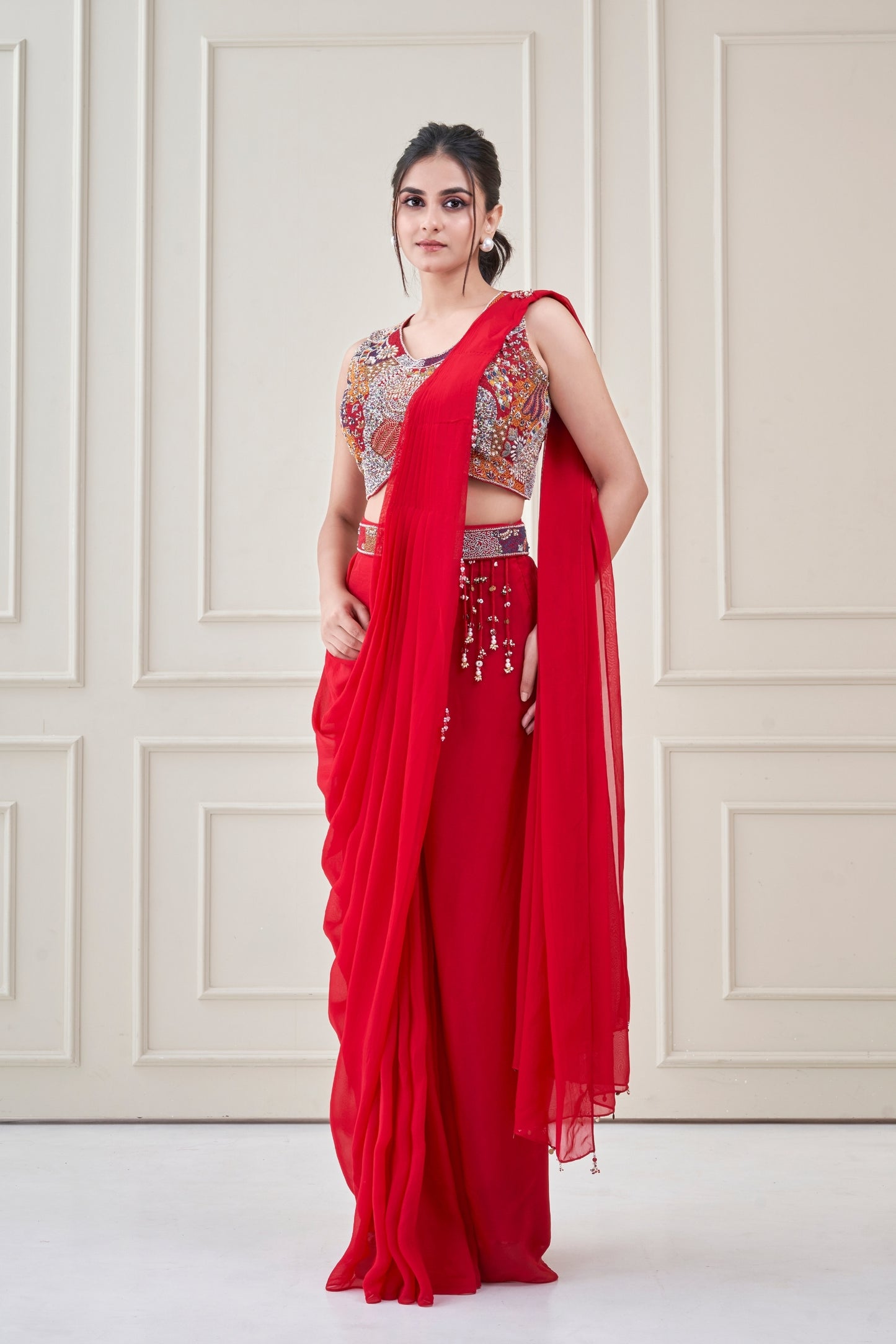 Red Heer Pre draped Saree Set