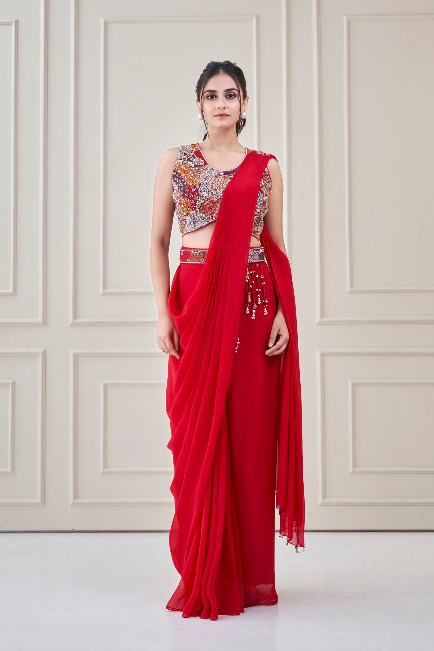 Red Heer Pre draped Saree Set