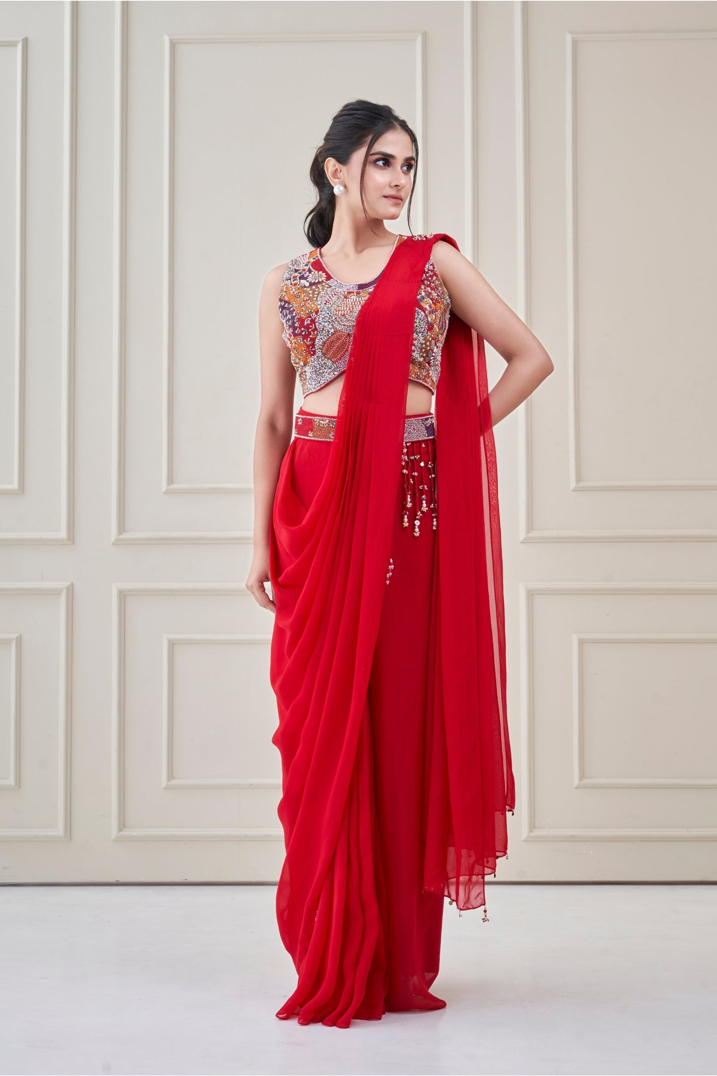 Red Heer Pre draped Saree Set