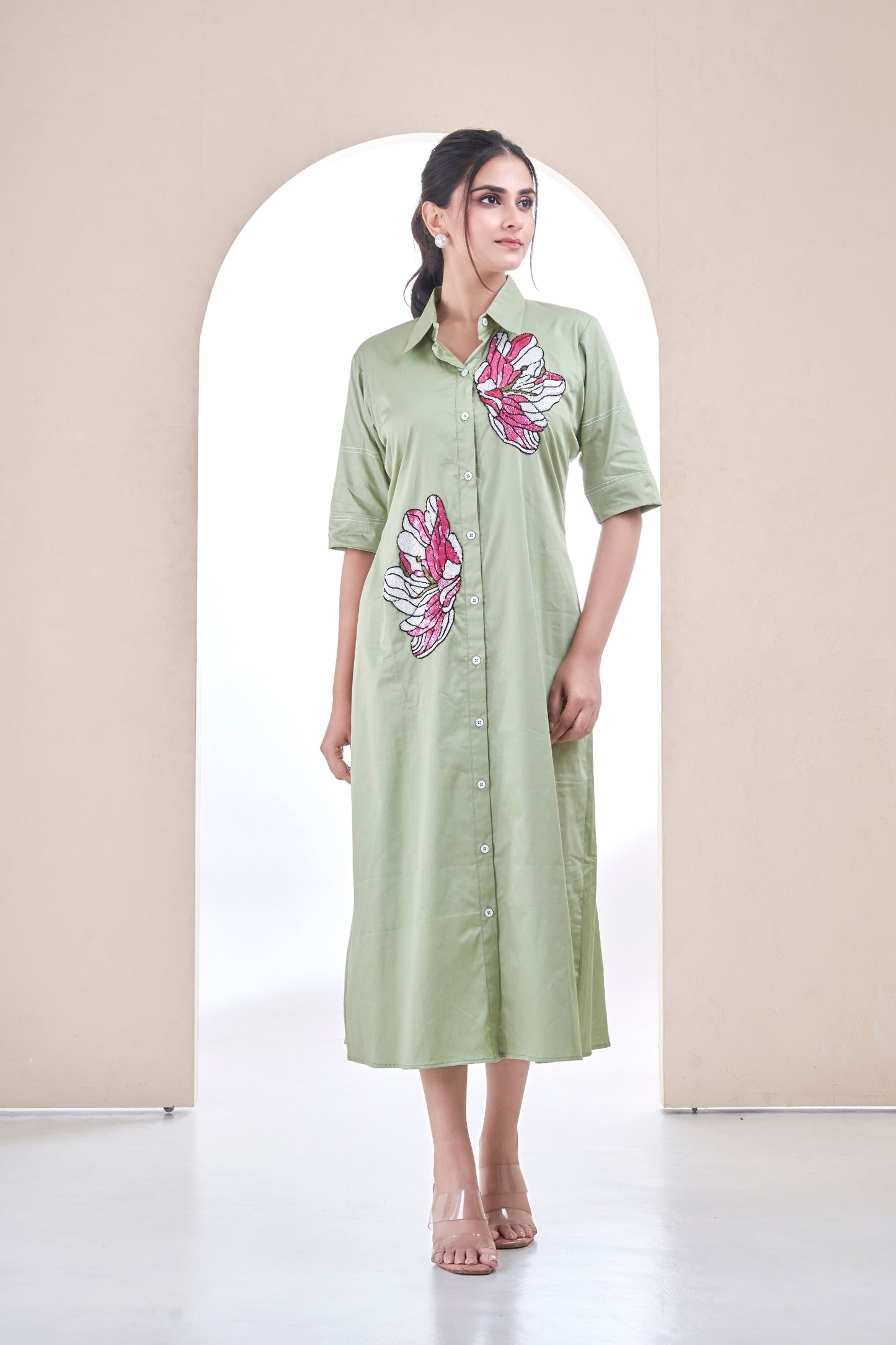 Sage Green Blossom Sketch Dress