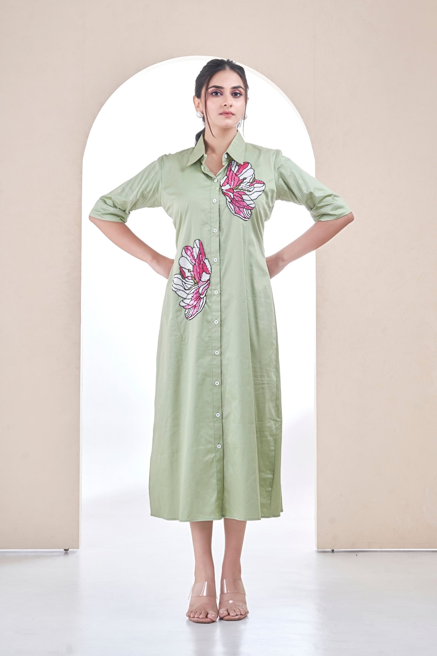 Sage Green Blossom Sketch Dress