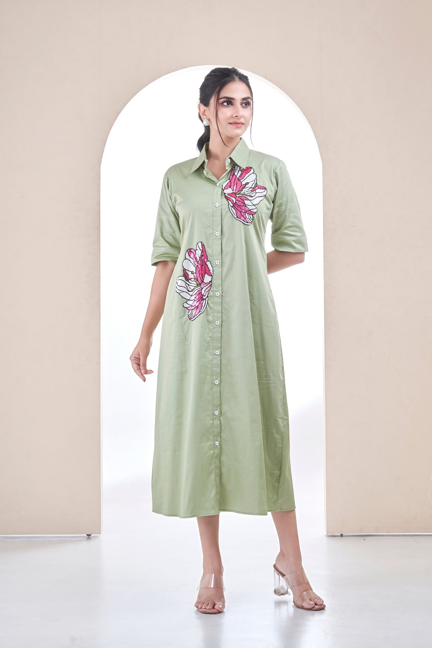Sage Green Blossom Sketch Dress