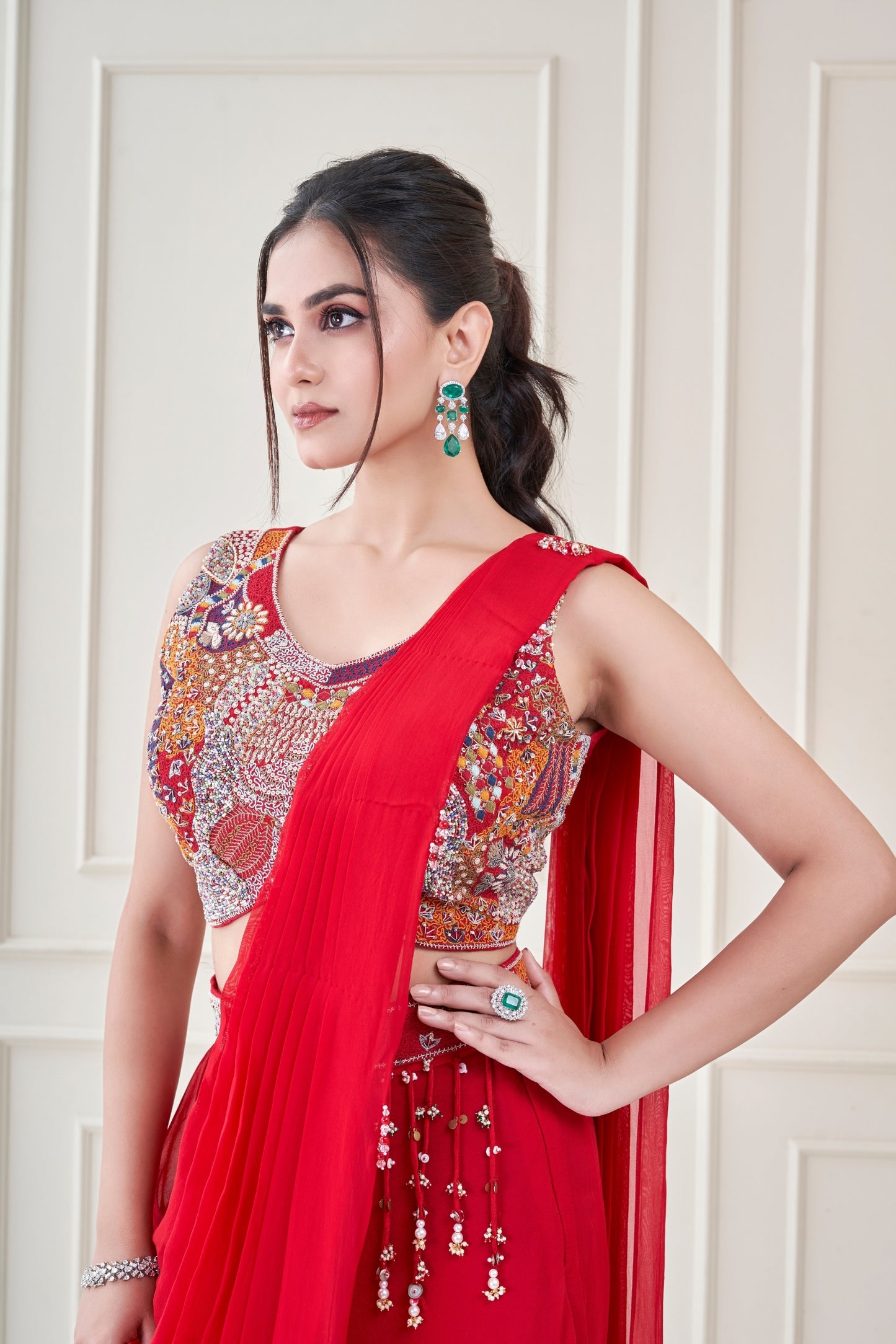 Red Heer Pre draped Saree Set