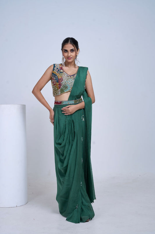 Green Heer Pre draped Saree Set