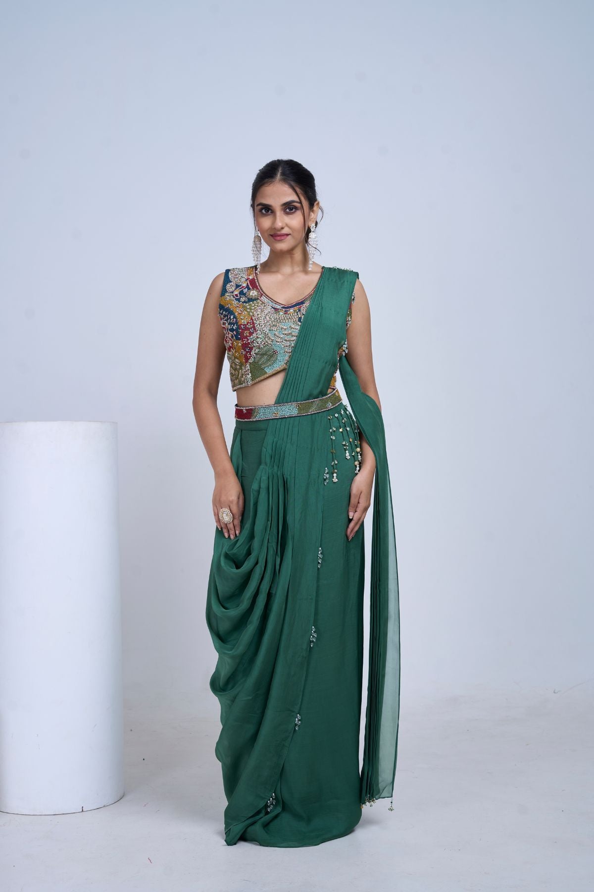 Green Heer Pre draped Saree Set