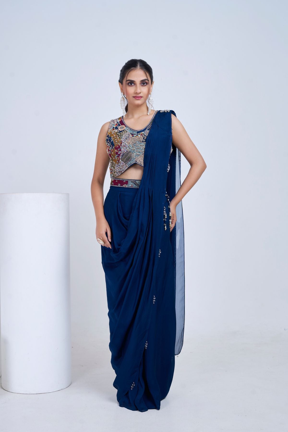 Navy Heer Pre draped Saree Set