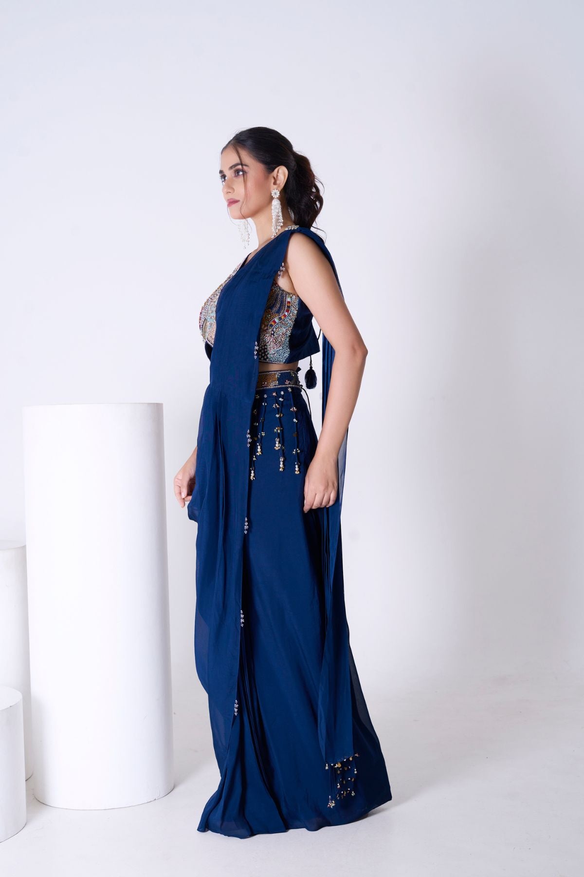 Navy Heer Pre draped Saree Set