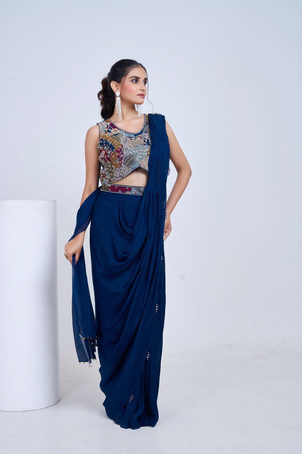 Navy Heer Pre draped Saree Set