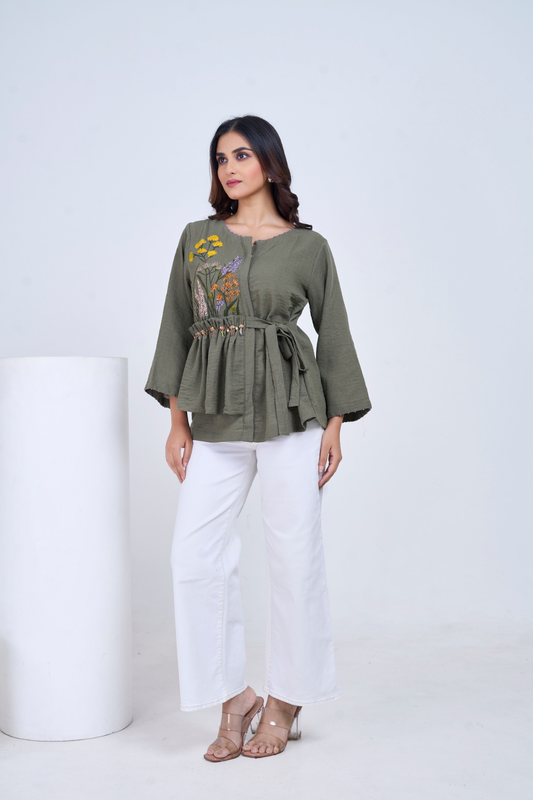 Olive Bloom Peplum Top