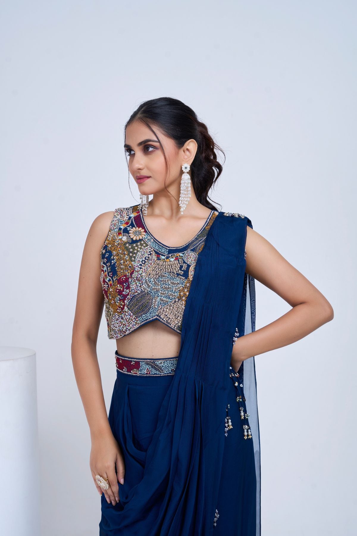 Navy Heer Pre draped Saree Set