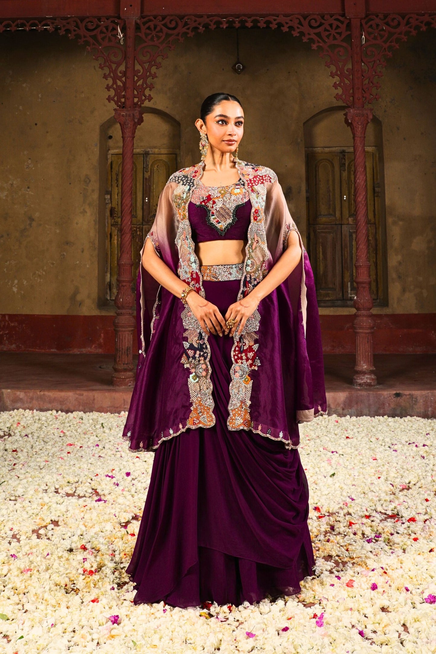 Ruhani Draped Lehenga Set in Plum