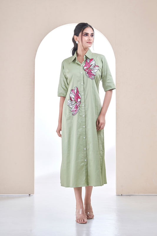 Sage Green Blossom Sketch Dress