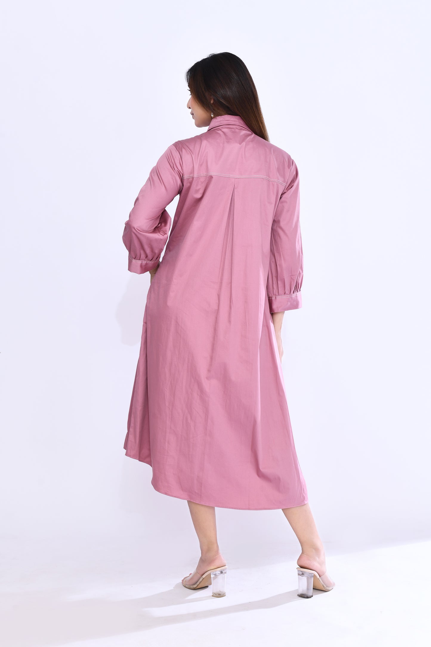 Onion Pink Pleat Shirt Dress