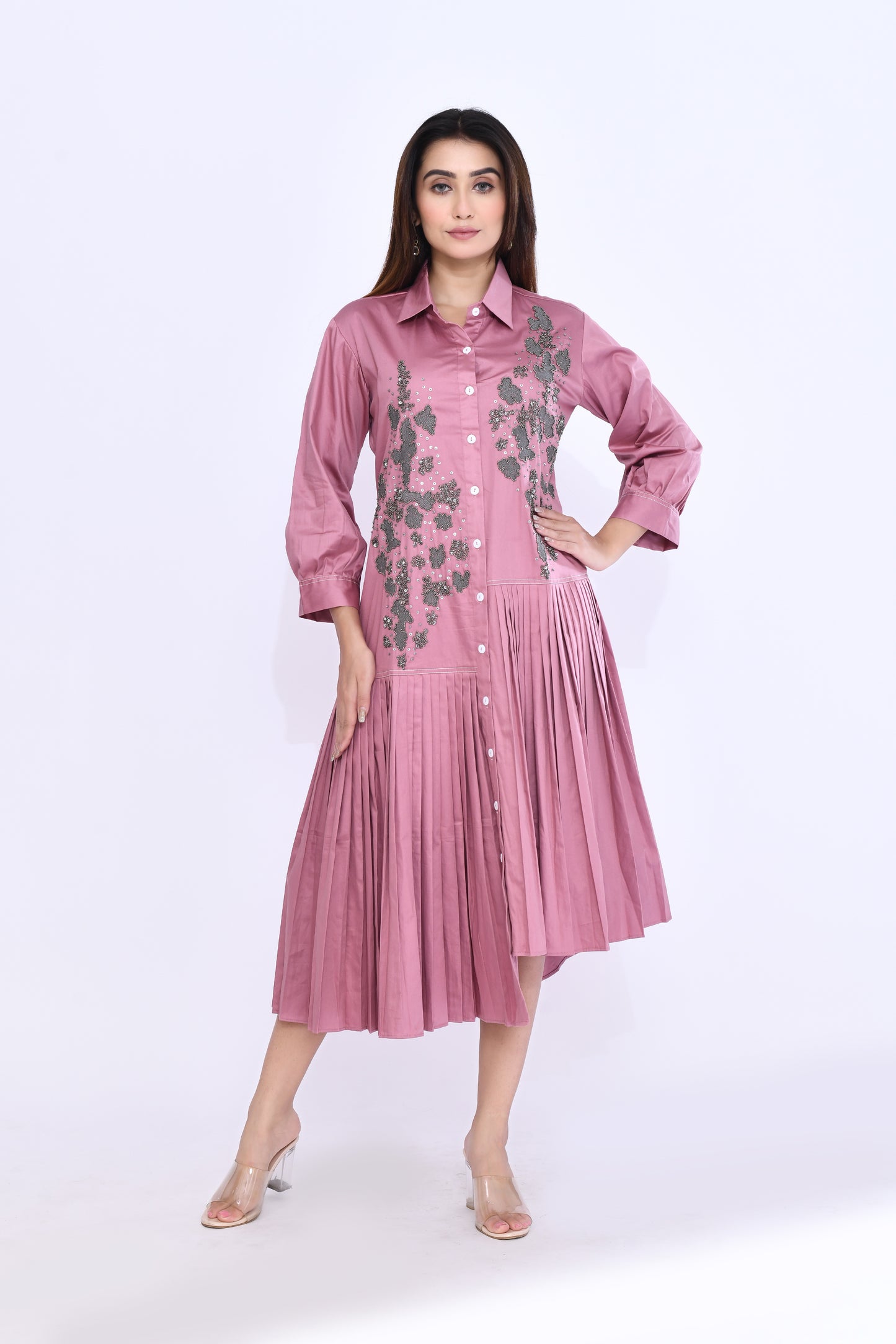 Onion Pink Pleat Shirt Dress