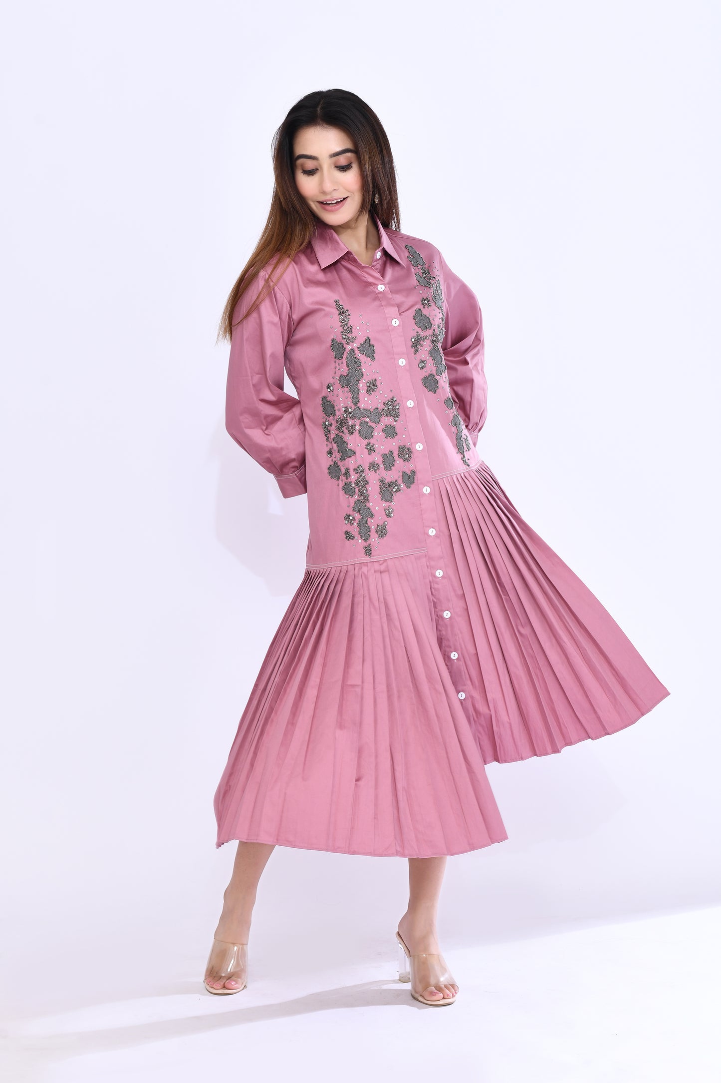 Onion Pink Pleat Shirt Dress
