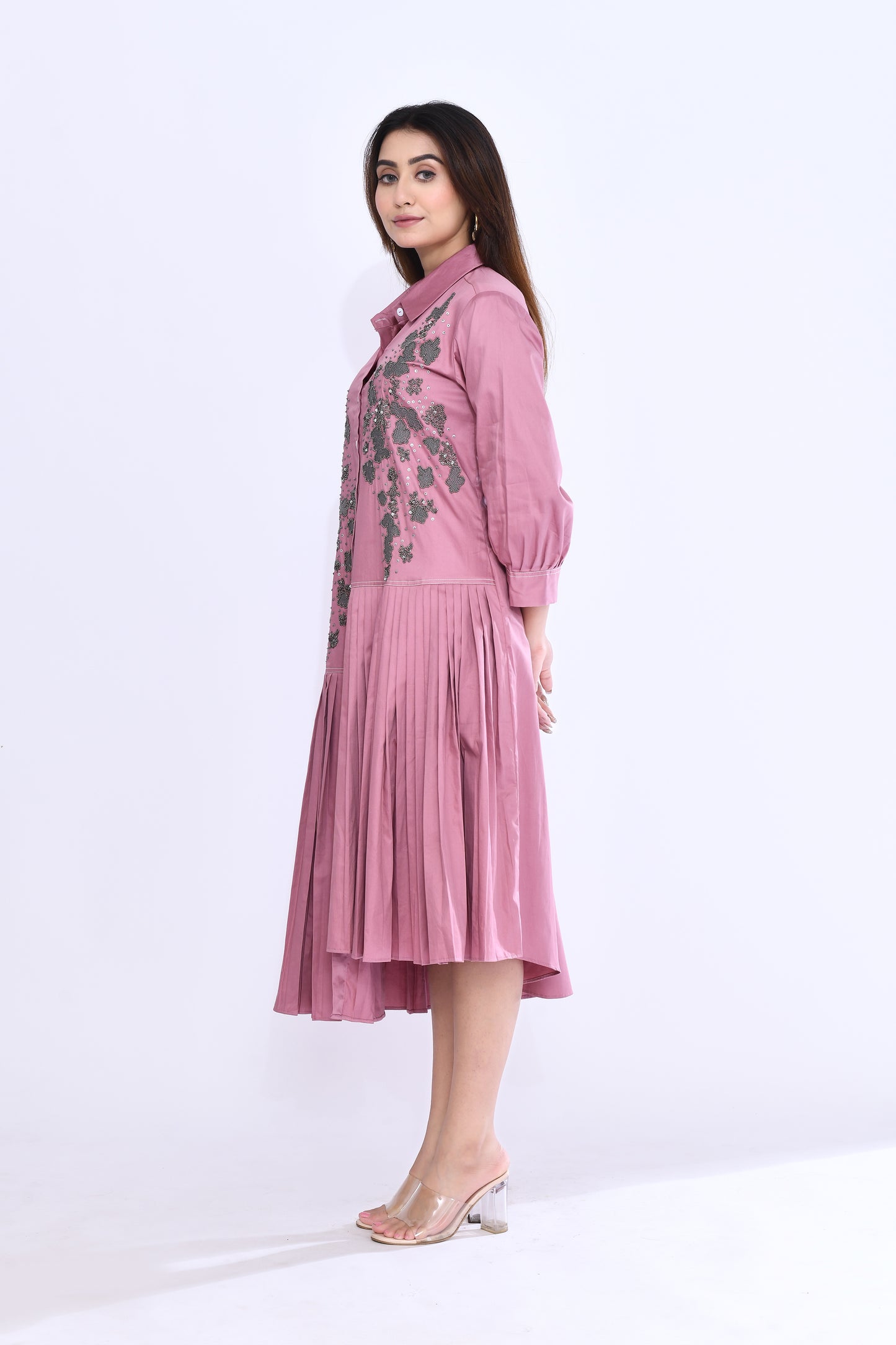 Onion Pink Pleat Shirt Dress