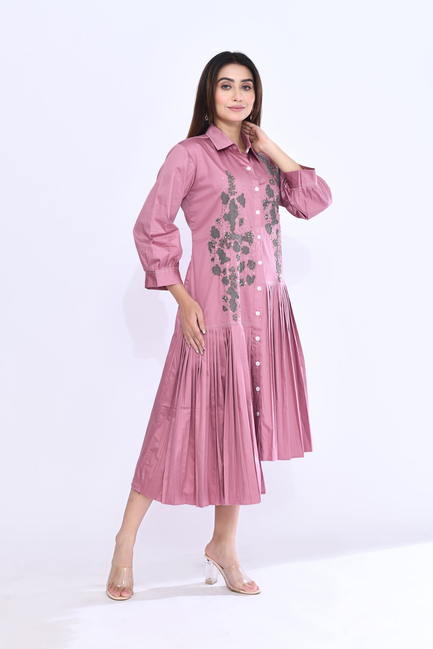 Onion Pink Pleat Shirt Dress
