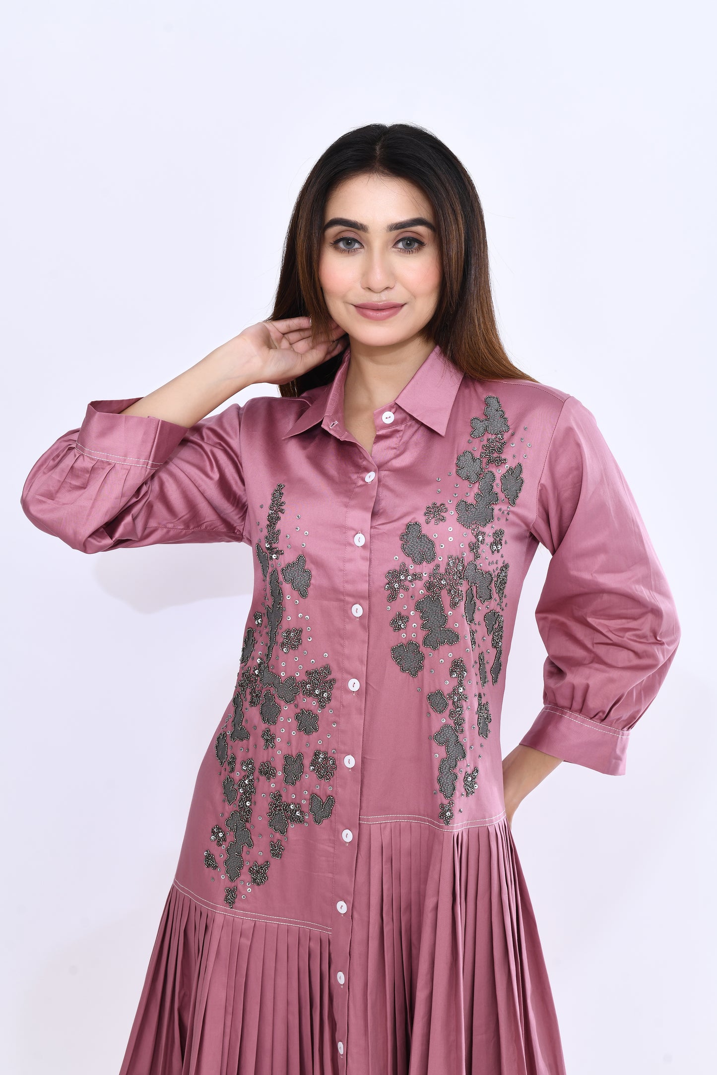 Onion Pink Pleat Shirt Dress