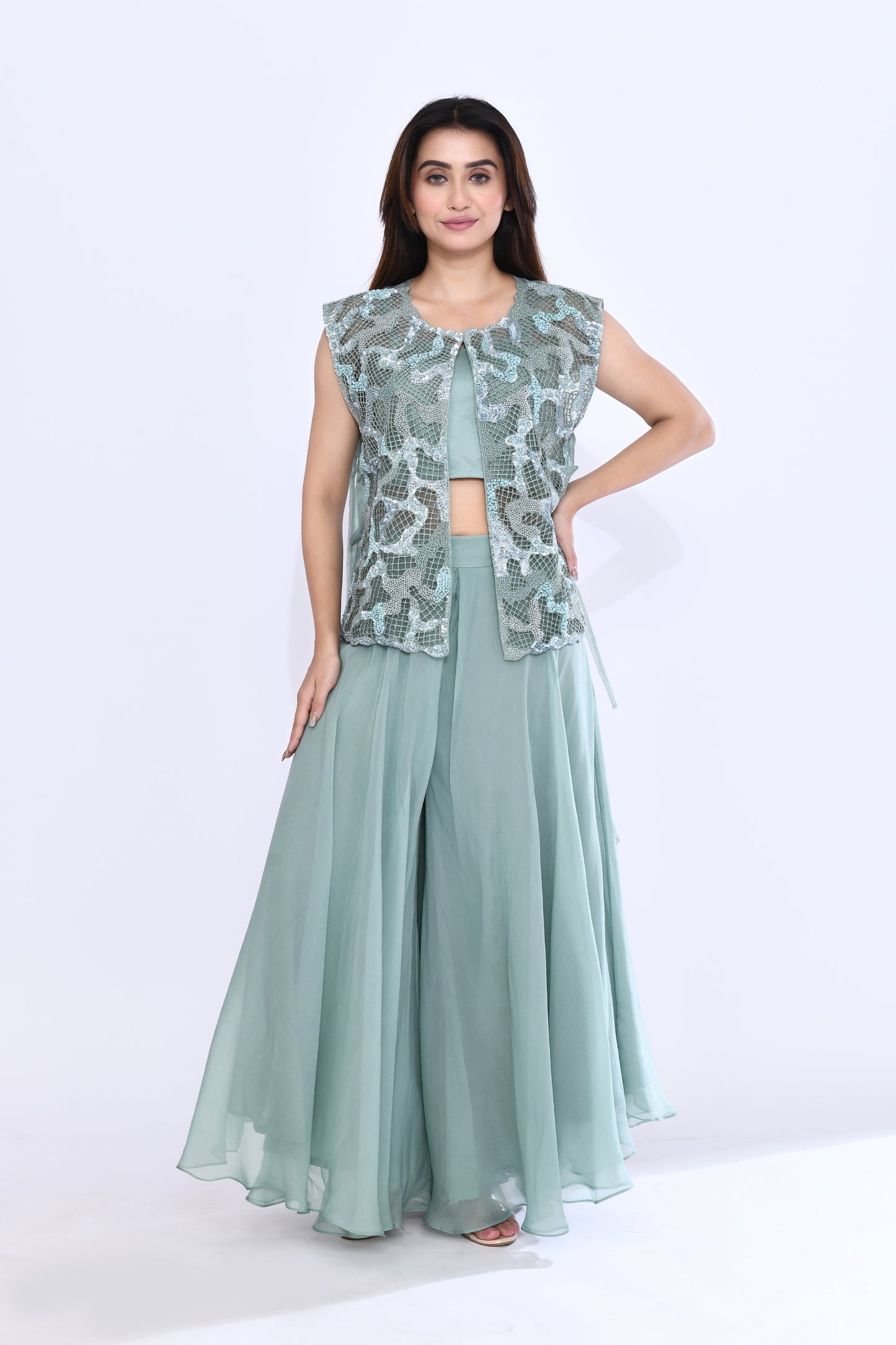 Embellished Lattice Set in Sea Green