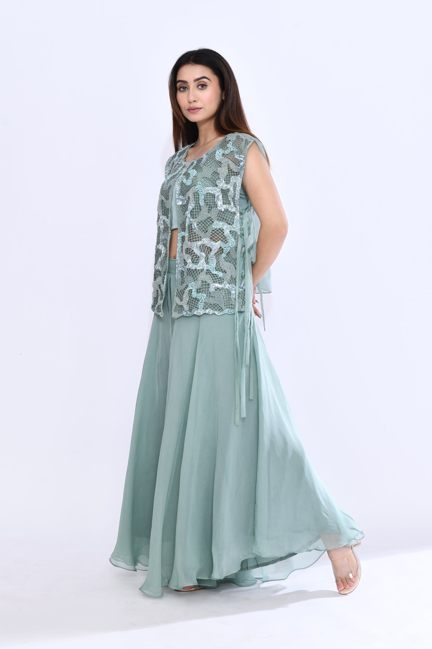 Embellished Lattice Set in Sea Green