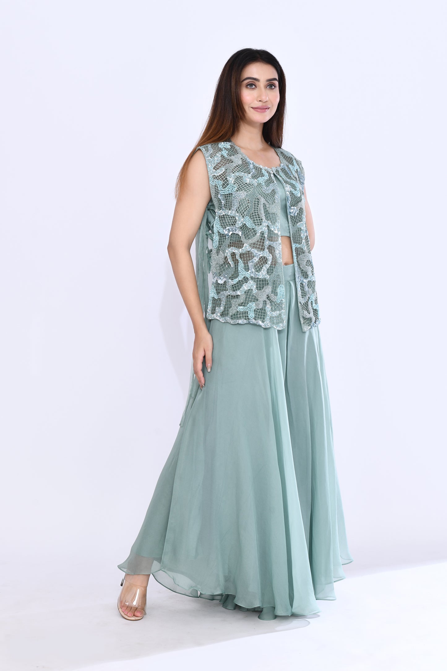 Embellished Lattice Set in Sea Green