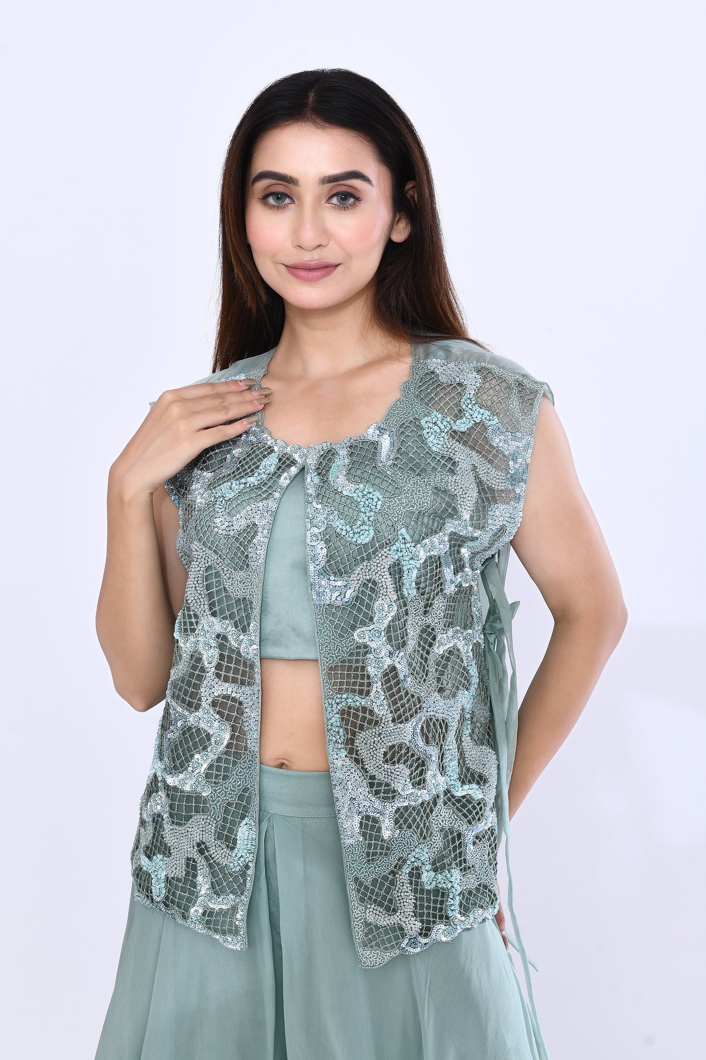 Embellished Lattice Set in Sea Green