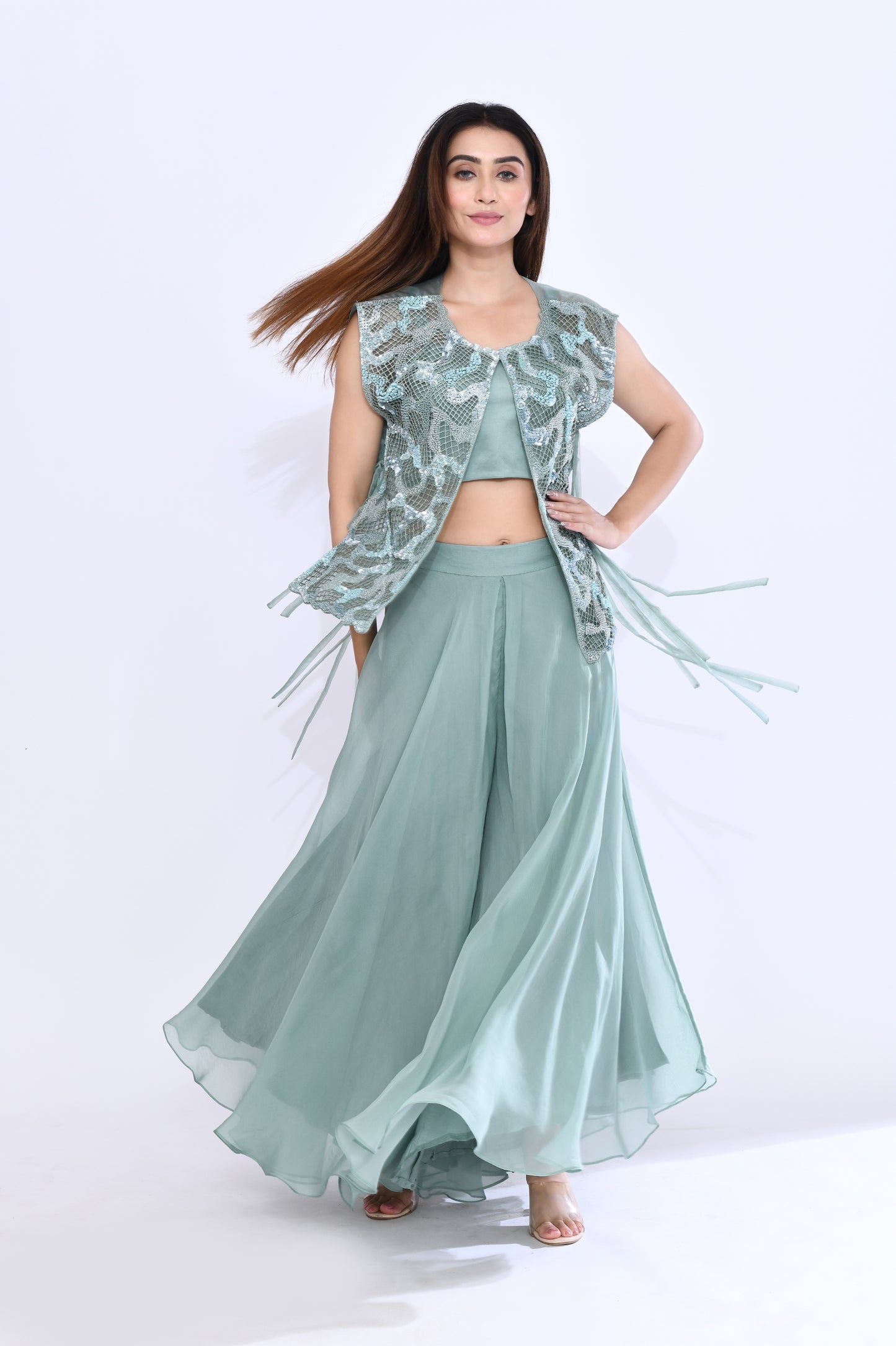 Embellished Lattice Set in Sea Green