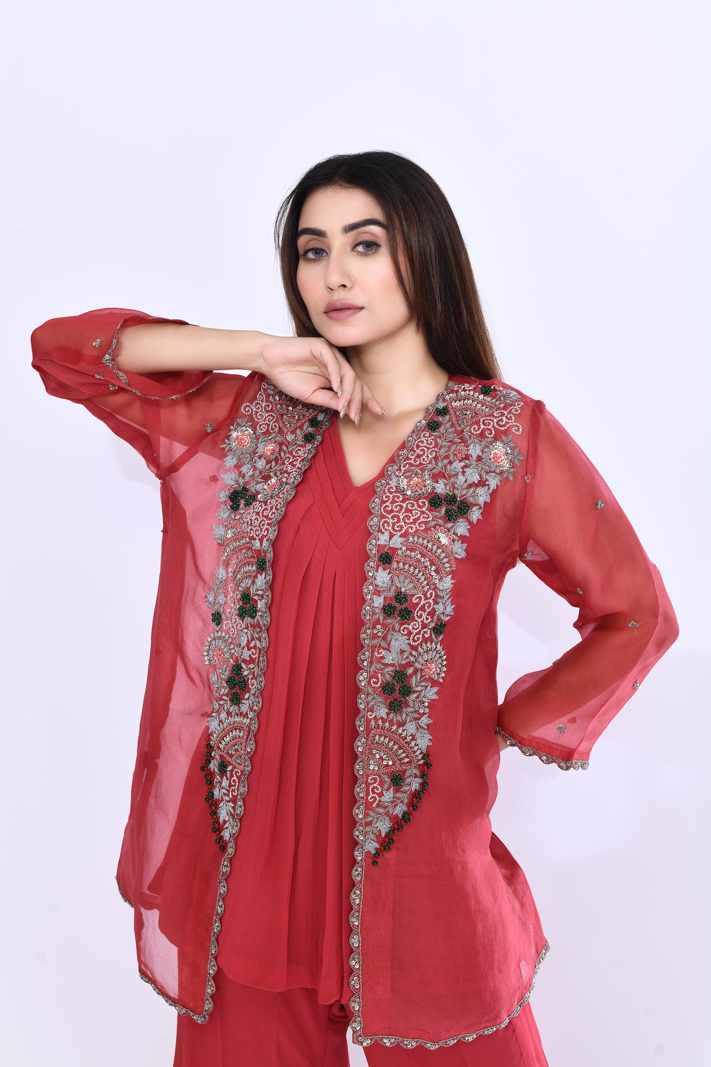 Imperial Vine Jacket Set in Brick Red