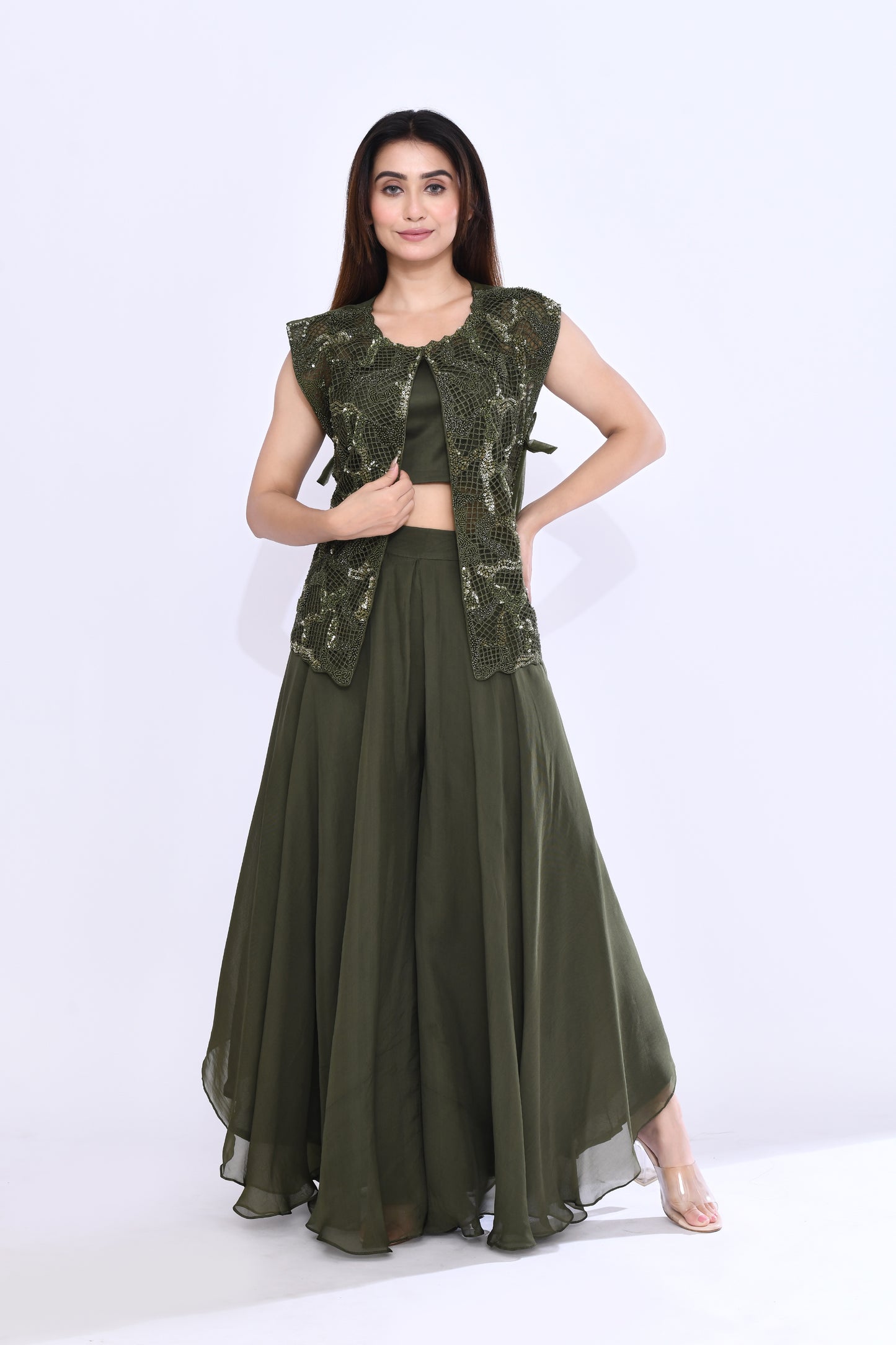 Embellished Lattice Set in Moss Green