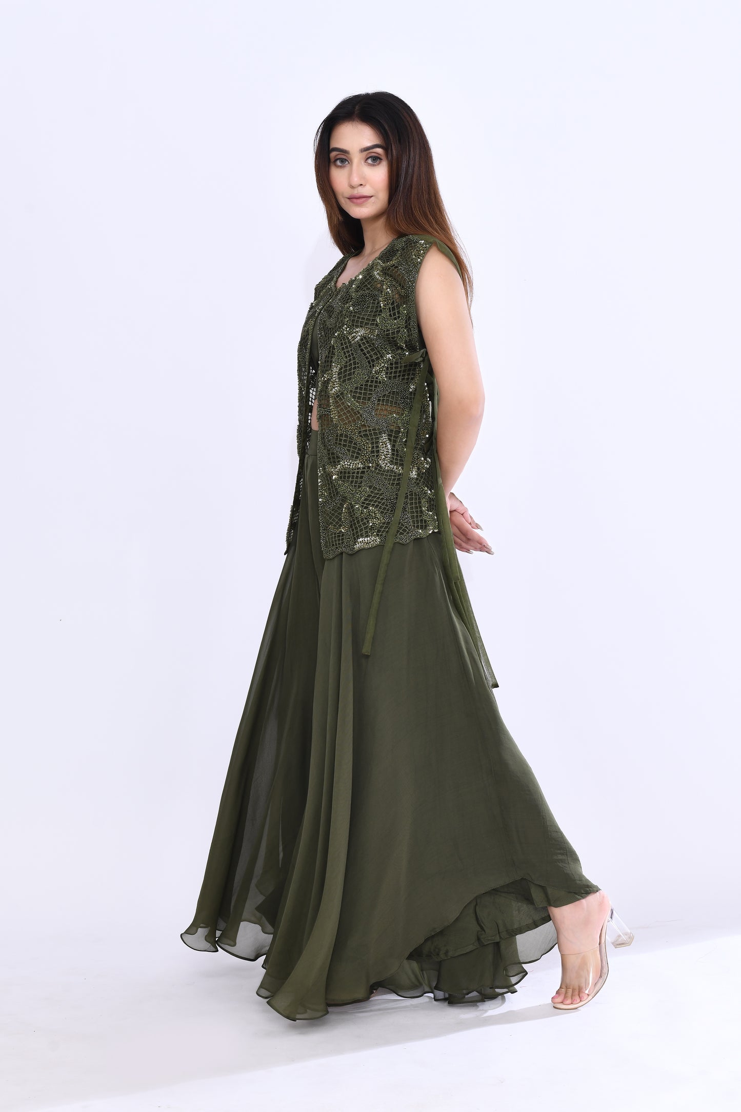 Embellished Lattice Set in Moss Green