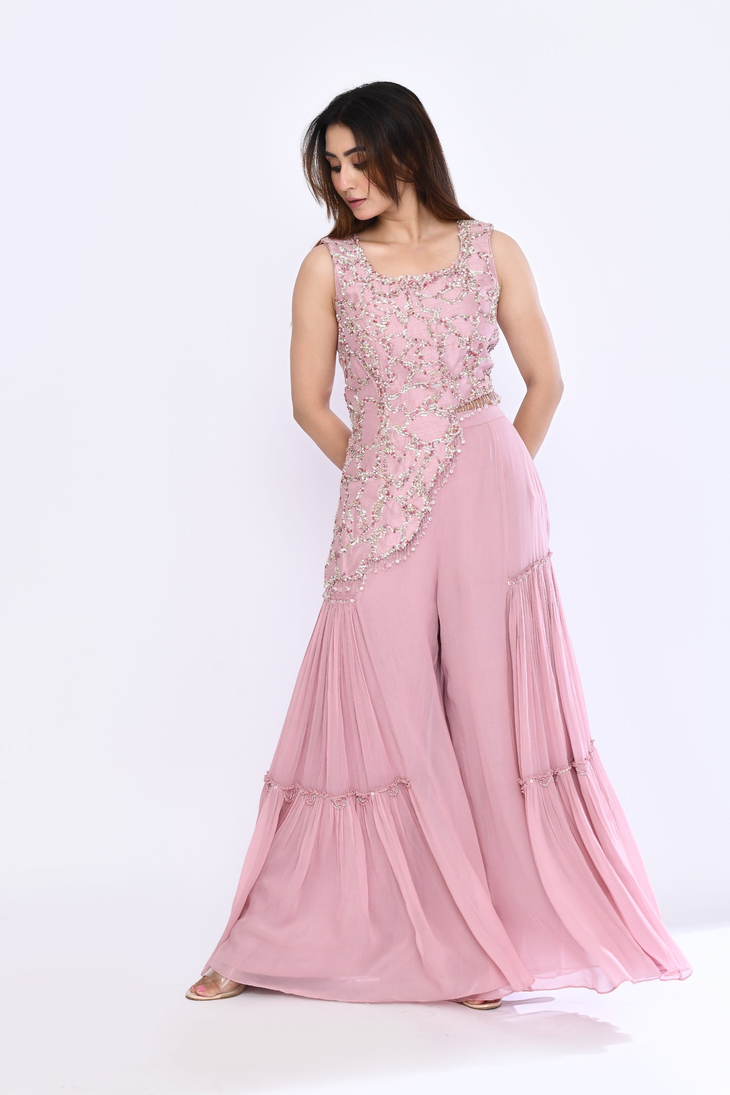 Gilded Sharara Set in Rose Pink