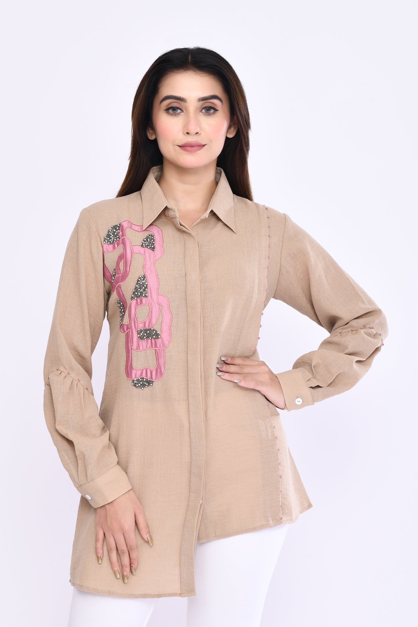 Geometric Appliqué Shirt in Beige